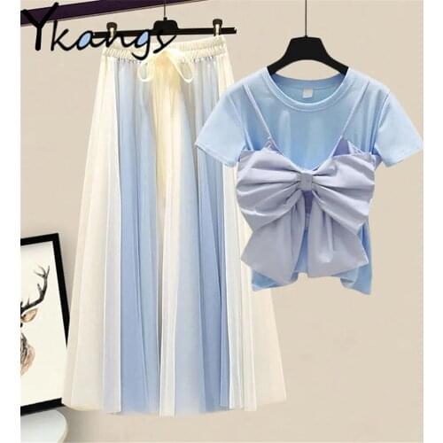 Korean Style Gauze Color Matching Elegant Elastic High-Waist Fairy Skirts Sweet Bow Short Sleeve Tops Summer Oversize Streewear