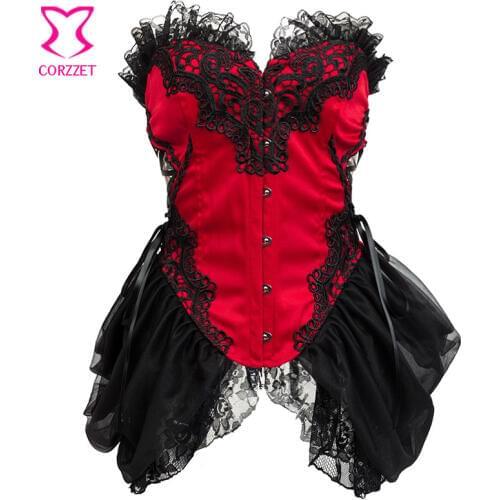 Red & Black Victorian Lace Skirted Corset Steampunk Gothic Clothing Women Sexy Corsets and Bustiers Overbust Corselet Lolita