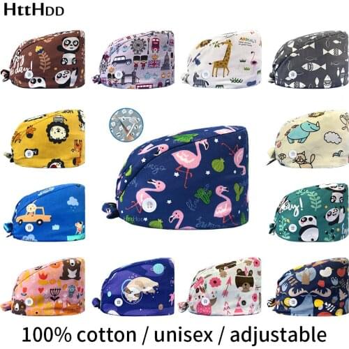 Beauty salon work scrubsTail hats cartoon printing surgery cap scrub work Clean hat Refreshing cute Tieback cat scrubs caps New