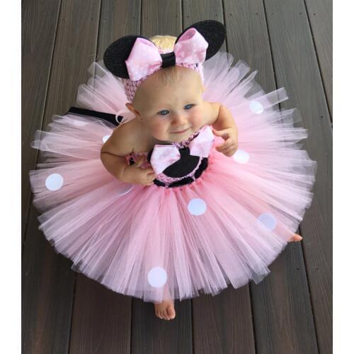 Cute Girls Mickey Cartoon Tutu Dress Baby Minnie Crochet Tulle Tutus with White Dots Bow and Headband Kids Party Cosplay Dresses