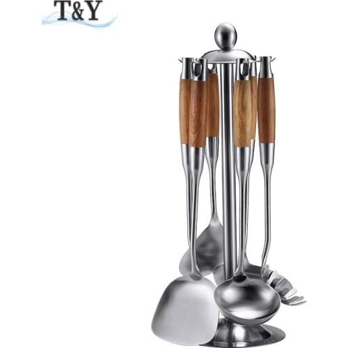 T&Y Set of 7 304 Stainless Steel Cooking Utensils Set, Kitchen Utensils Set with Holder and Wooden Handle, Turner, Colander