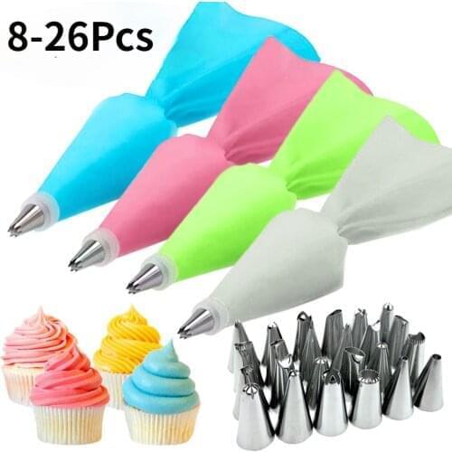 26/8pc Set Silicone Pastry Bag Tips Kitchen DIY Cake Cream Decorating Tools Reusable Pastry Bags+24 Nozzle Set Resin Mold
