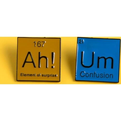 Science enamel pin Surprise AH! Messy UM brooches Periodic element lapel pin badges Shirt bag jewelry gift for chemist wholesale