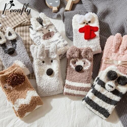 PEONFLY Kawaii Women Soft Floor Socks Fluffy Warm Christmas Socks Funny Cartoon 3D Cat Dog Coral Velvet Gifts Happy Socks