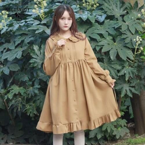 Japanese Style Mori Girl Kawaii Peter Pan Collar Petal Sleeve Button A-Line Ruffle Dress Lolita Sweet Vintage Casual Loose Dress