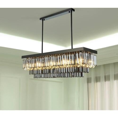 Modern Dining Room Black Chandelier Rectangle Smoky Gray Crystal Lamp For Kitchen Island Home Decor LED Hanging Light Fixture