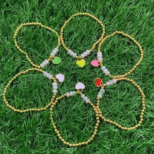 Pearl/Gold Plated Beaded Bracelet Colored Enamel Heart Shape Fit For Making Bangle/Necklace BulkJewelry Wholesale