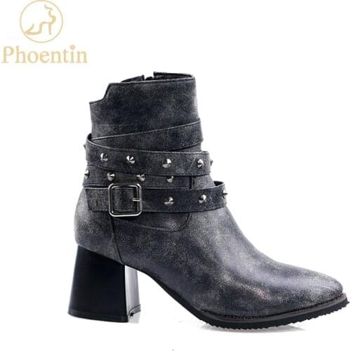 Phoentin 2019 new punk rivet ankle boots with zipper chunky high heel women shoes narrow band buckle decoration retro shoe FT747
