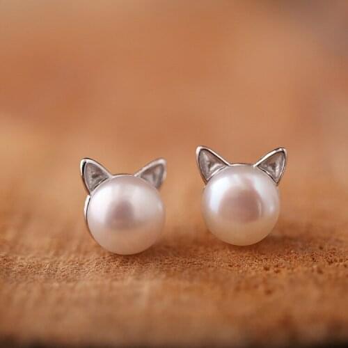 New Trendy S925 Sterling Silver Sweet Imitation Pearl Stud Earrings for Women Wedding Party Jewelry Cat Stud Earrings