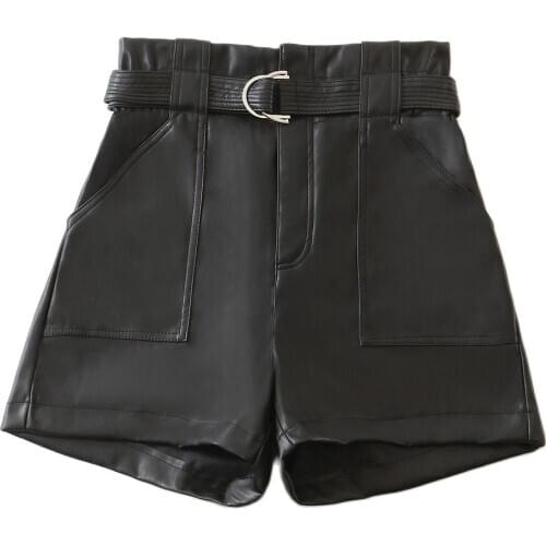 2021 Spring Women Shorts Chic Fashion With Belt PU Leather Shorts Vitnage High Waist Zipper Fly Pockets Female Short Pants Mujer