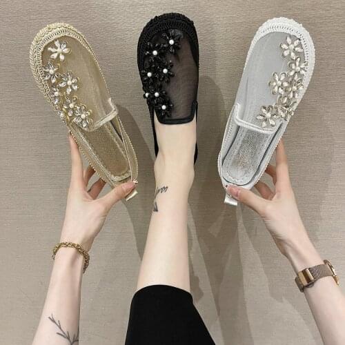 2021 summer new style womens mesh surface rhinestone flat casual shoes Korean pedal peas shoes women oxford loafers