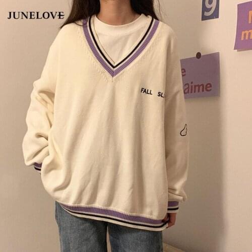 Chic Vintage V-neck Daily Oversize Preppy Sweaters Women Ulzzang Letter Girls Knitwear Fall Casual All-match Ins Womens Sweater