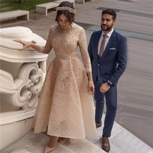 Gold Luxury Long Sleeves Lace Evening Dresses 2021 High Neck Beading asymmetrical Evening Gowns Serene Hill LA70501