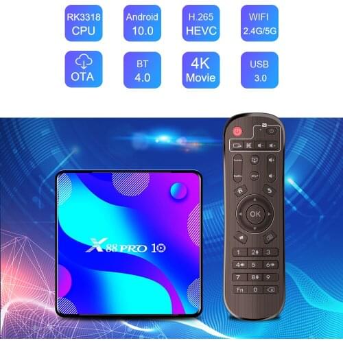 10pcs Android 10 TV Box X88 PRO 10 4GB 128GB RK3318 Quad Core 4K HD 2.4G/5G Dual Wifi Netflix Youtube Media Player Set Top Box