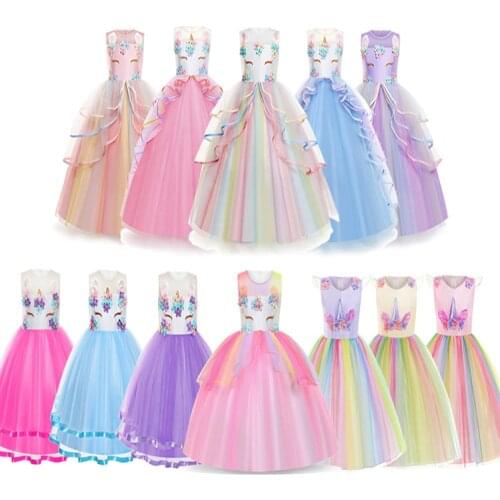 2021 Summer Flower girl Unicorn rainbow wedding party dress girl birthday party Unicorn role dance performance dress