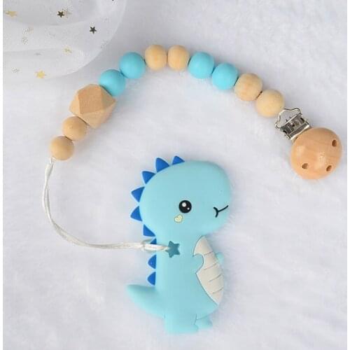 Baby Pacifier Clip Chain Cartoon Dinosaur Teether Wooden Beads Dummy Clip Soother Chew Leash Nipple Holder Teether