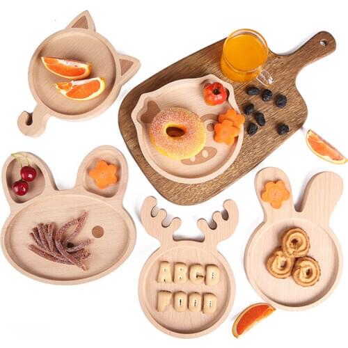 Wooden Cartoon Dinner Plate Cute Animal Beech Wood Storage Wooden Dish Childlike Snack Fruit Tray for Baby Children Tableware