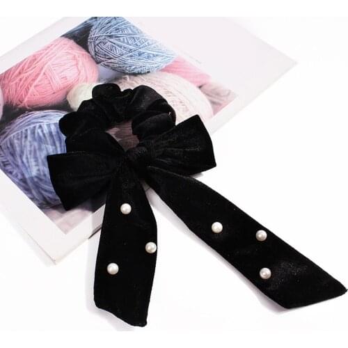 Long Streamers Velvet Ribbon Scrunchies Pearls Vintage Bow Hair Rope Women Elastic Hair Bands Scarf Lady Female Hair Accessories