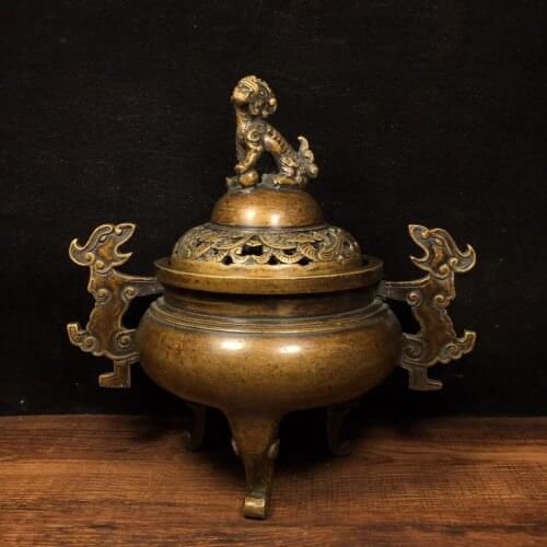 8"Tibet Temple Collection Old Bronze Lion statue Binaural Three-legged Incense burner Town House Exorcism Ward off evil spirits