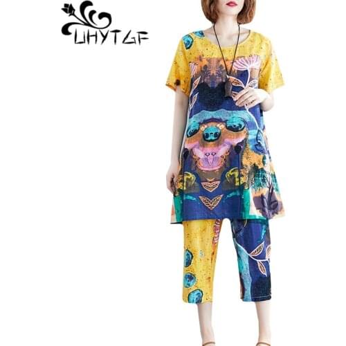 UHYTGF 2 piece sets womens outfits fashion cotton linen comfortable summer two piece set printing elegant womens clothing 1130