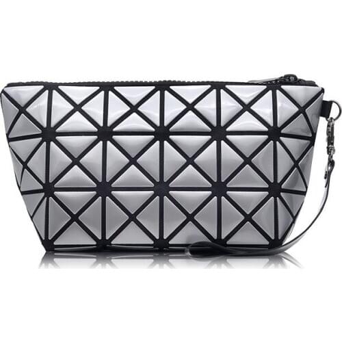 Creative Foldable Deformable Cosmetic Bag Women Geometric Rhombic Lattice PU Handbag Makeup Bag Toiletry Bag Organizer Neceser