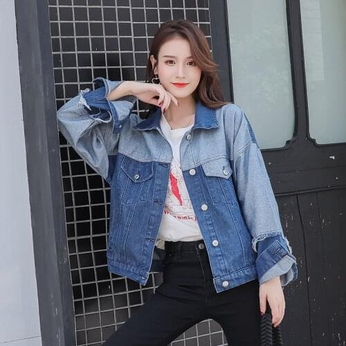 Patchwork Contrast Color Short Denim Jacket Women Loose Harajuku Jean Coat Streetwear Spring Blue Outerwear Korean Style Femme