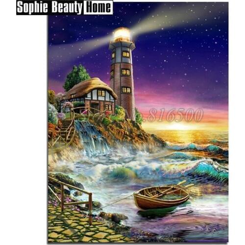 Real 5D Diamond Cross Stitch Landscape Diy Full Diamond Painting Lighthouse&Boat By Sea Diamond Embroidery Needlework Art 18B034