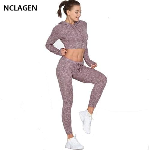 NCLAGEN Women Sportswear Yoga Set Sport Bodybuilding Suit Stretchy Gym Workout Long Sleeves Tracksuit Fitness Crop Top Leggings