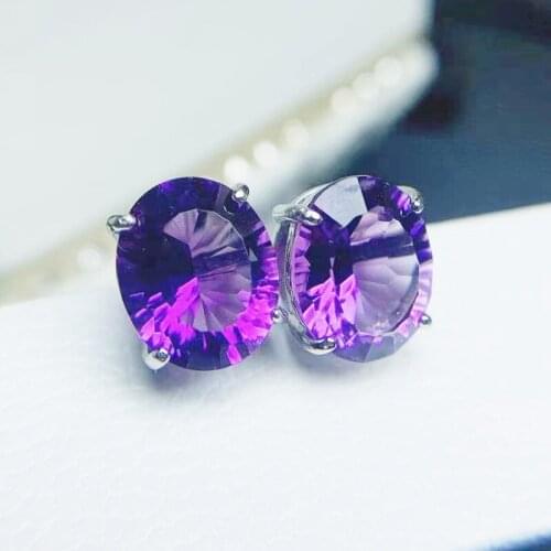 Natural real amethyst simple stud earring 9*11mm 3.2ct*2pcs gemstone 925 sterling silver Fine jewelry For men or women T214181