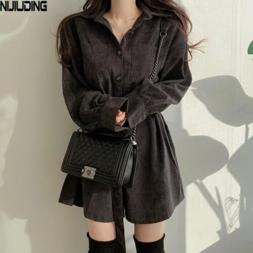 Retro Single-breasted Corduroy Women Mini Dresses 2021 New Spring Long Sleeve Turn Down Collar Sexy Short Dress With Belt Pocket