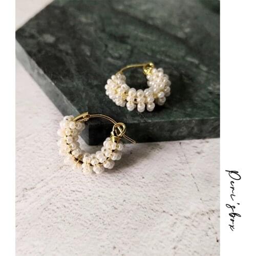 PerisBox 19mm Handmade Beaded Pearl Hoop Earrings for Women Dainty Cute Small Hoops Wired Beadwork White Earrings Jewelry