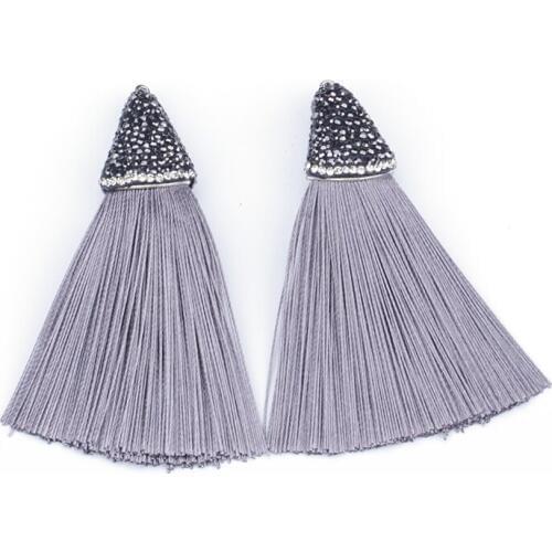 Bohemia Gray Grey Fabric Silk Tassel with Black Rhinestone Bead Cap Connector Tassel Pendant for Jewelry Making Accessory