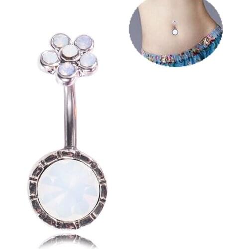 1Pc Flower Dangle Belly Button Opal Rings Body Piercing Navel Bar 14G Double Full Flower Shape body piercing bar Body Bar