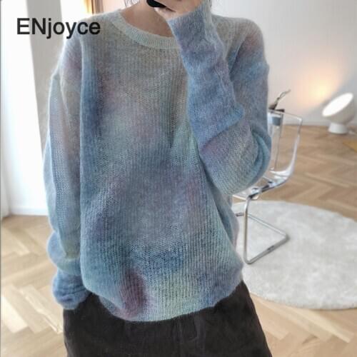 Autumn Fashion Tie-dye color Mohair Loose Long Sleeve Pullovers Sweater Women 2020 Korean Style Knitted Clothes