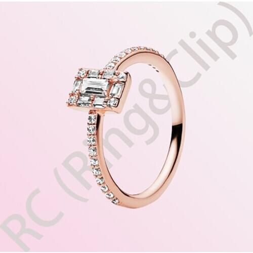 Authentic 100% 925 Sterling Silver Women Rings Sparkling Square Halo Rings Rose Color Rings for Women DIY Anniversary Jewelry
