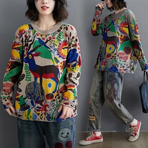 Sweater Women Tops Oversized 2021 Spring New Retro Printing Casual Street Female Knit Shirt Loose Cozy Pullover Vetement Femme