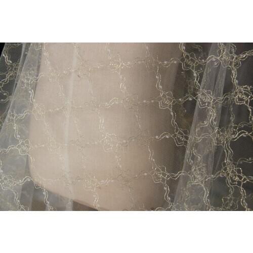Gold Thread Tulle Lace Fabric Transparent Embroidered Metallic Bridal Wedding Gowns Fabric By Yard