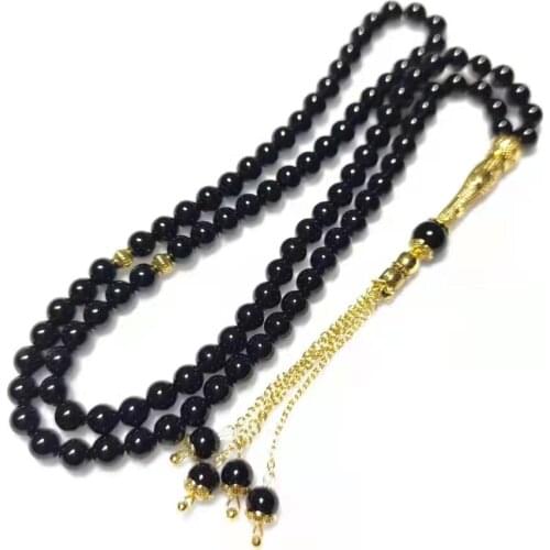 Golden Tee Joint 99 Beads 6mm Natural Black Stone Muslim Prayer Beads Islamic Tasbih Allah Prayer Rosary Tesbih Islam Misbaha