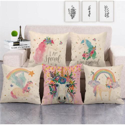 45cm*45cm watercolor Rainbow and unicorn design linen/cotton throw pillow covers couch cushion cover home decor pillow