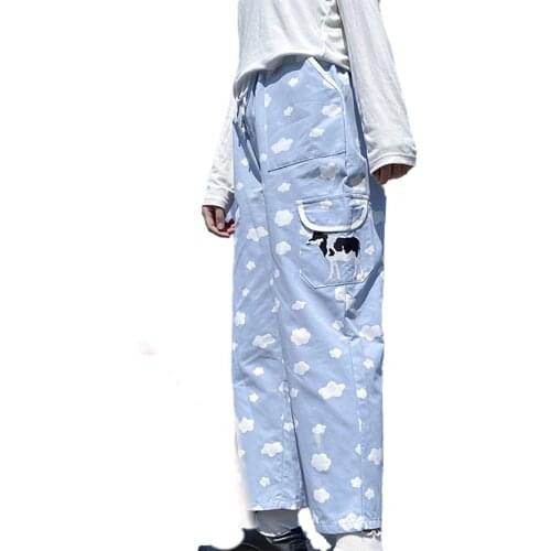 New Spring Japanese Women Pants Harajuku Kawaii Cow Embroidered Cute Cloud Pants Loose Elastic Waist Straight Pants