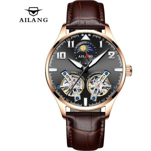 AILANG Watch Double Flywheel Tourbillon Watches Men Moon Phase Automatic Wristwatch Mechanical Transparent Steampunk Clock Male