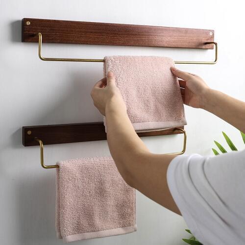 Nordic Wooden Towel Rack Brass Hook Wall-mounted Storage Holder Bathroom Ornament Hanger Kitchen Organizer Home Restaurant Decor