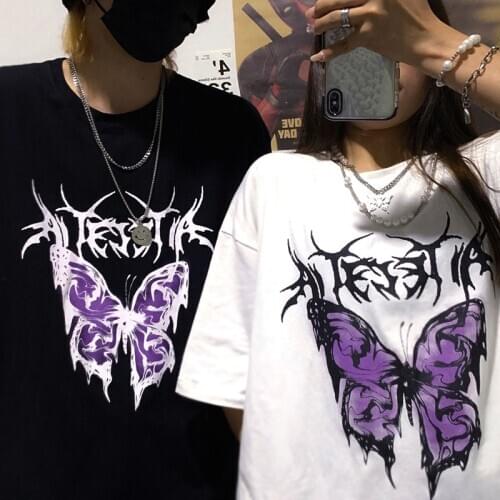T Shirt Punk Oversized Butterfly Harajuku Dark Tops Male Fashion Swag Aesthetic Mens clothes Hip hop Gothic T-shirts Streetwear