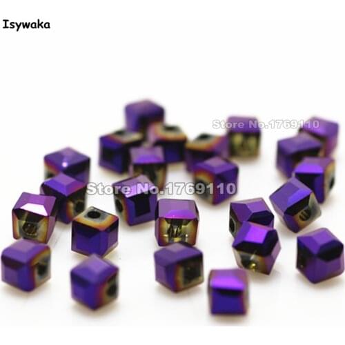 Isywaka 100pcs Cube 4mm Shining Purple Color Square Austria Crystal Beads Glass Beads Loose Spacer Bead for DIY Jewelry Making