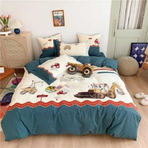 Boys Bedding Set 4pcs Cartoon style boy excavator duvet cover washed cotton children Home Textile Pillowcase 1.5m 1.8m Bedsheet