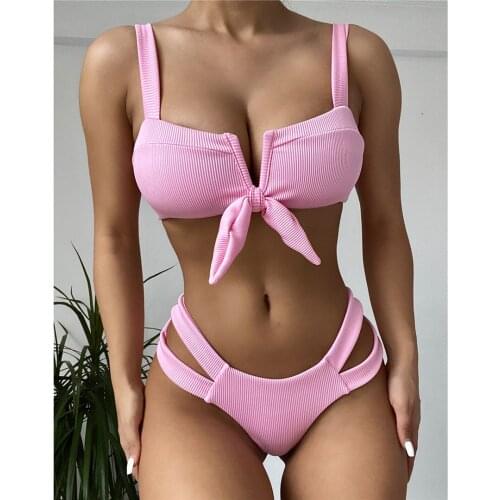 Sexy ribbed bandeau swimsuit women Solid push up bikini 2021 High cut swimwear Swimming Sport bathing suit Swim suit Beach wear
