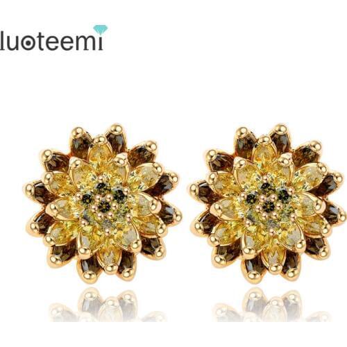 LUOTEEMI High Quality Statement Flower Earrings Cubic Zircon Stud Brincos White Champagne Gold-Color Factroy Wholesale Jewelry