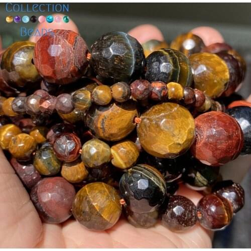 Natural Faceted Multicolor Tiger Eye Stone Loose Round Bead For Jewelry Making 4-12 MM DIY Bracelets Accessories Wholesale