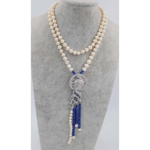 Freshwater pearl white round necklace 8-9mm 36inch blue red jades peafowl wholesale beads nature gift discount FPPJ FPPJ