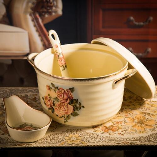 European style luxury queen rose gold border ceramic Household ceramic classic soup pot with lid spoon (Can't fire burn)